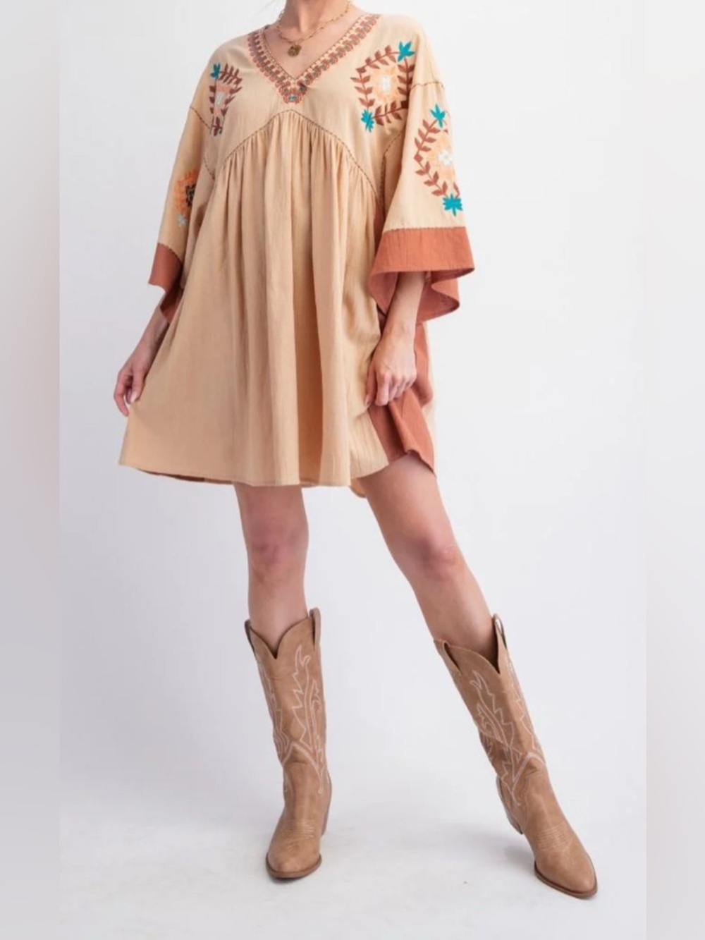 easel Beige Embroidered Boho Mini Dress with Rust Accents